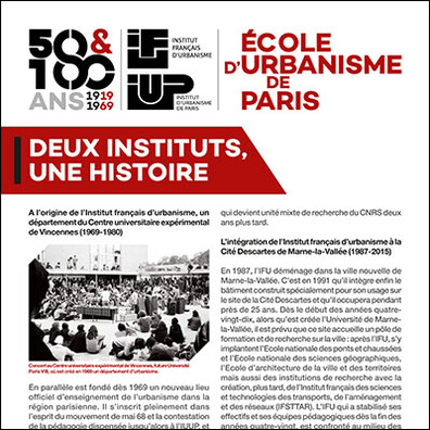 École d'Urbanisme de Paris 2019 - 50 et 100 ans de l'IFU et de l'IUP, Exposition Figures des instituts d'urbanisme, panneau, deux instituts, une histoire