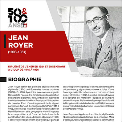 École d'Urbanisme de Paris 2019 - 50 et 100 ans de l'IFU et de l'IUP, Exposition Figures des instituts d'urbanisme, panneau, Jean Royer