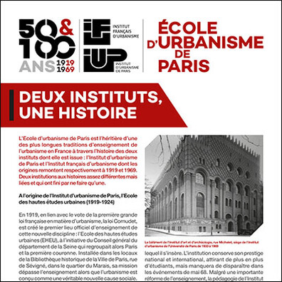 École d'Urbanisme de Paris 2019 - 50 et 100 ans de l'IFU et de l'IUP, Exposition Figures des instituts d'urbanisme, panneau, deux instituts, une histoire