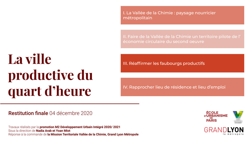 "La Métropole de Lyon et la Mission Lyon Vallée de la Chimie ont été pleinement satisfaits du travail effectué par les étudiants de l’École d’Urbanisme de Paris dans le cadre du parcours Développement Urbain Intégré. Solidement encadrés par des enseignants disponibles et bienveillants, les étudiants ont su réaliser un travail d’atelier professionnel in situ, dans un contexte sanitaire et logistique fortement impacté par la crise de la COVID-19. Les diagnostics de territoire et les propositions formalisées répondaient pleinement aux attentes des maîtres d’ouvrage. La Métropole de Lyon souhaite remercier l’ensemble des participants à ce travail et espère pouvoir renouveler prochainement cette expérience." — Directeur de la Mission Vallée de la Chimie, Grand Lyon Métropole à propos du workshop 2020-2021.