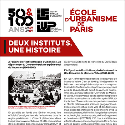 École d'Urbanisme de Paris 2019 - 50 et 100 ans de l'IFU et de l'IUP, Exposition Figures des instituts d'urbanisme, panneau, deux instituts, une histoire