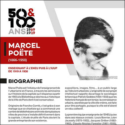 École d'Urbanisme de Paris 2019 - 50 et 100 ans de l'IFU et de l'IUP, Exposition Figures des instituts d'urbanisme, panneau, Marcel Poëte, Poëte