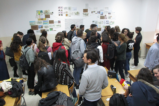 Exposition des étudiant.es du Master 2 AUDE, Département d’urbanisme de l'Université Polytechnique de Tirana, Albanie, avril 2019. © École d'Urbanisme de Paris.